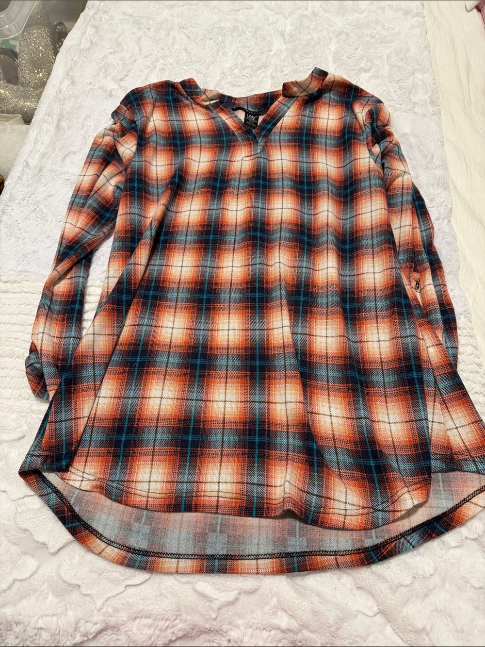 Plaid V-Neck Tunic Top in Orange & Blue - Picture 1 of 1